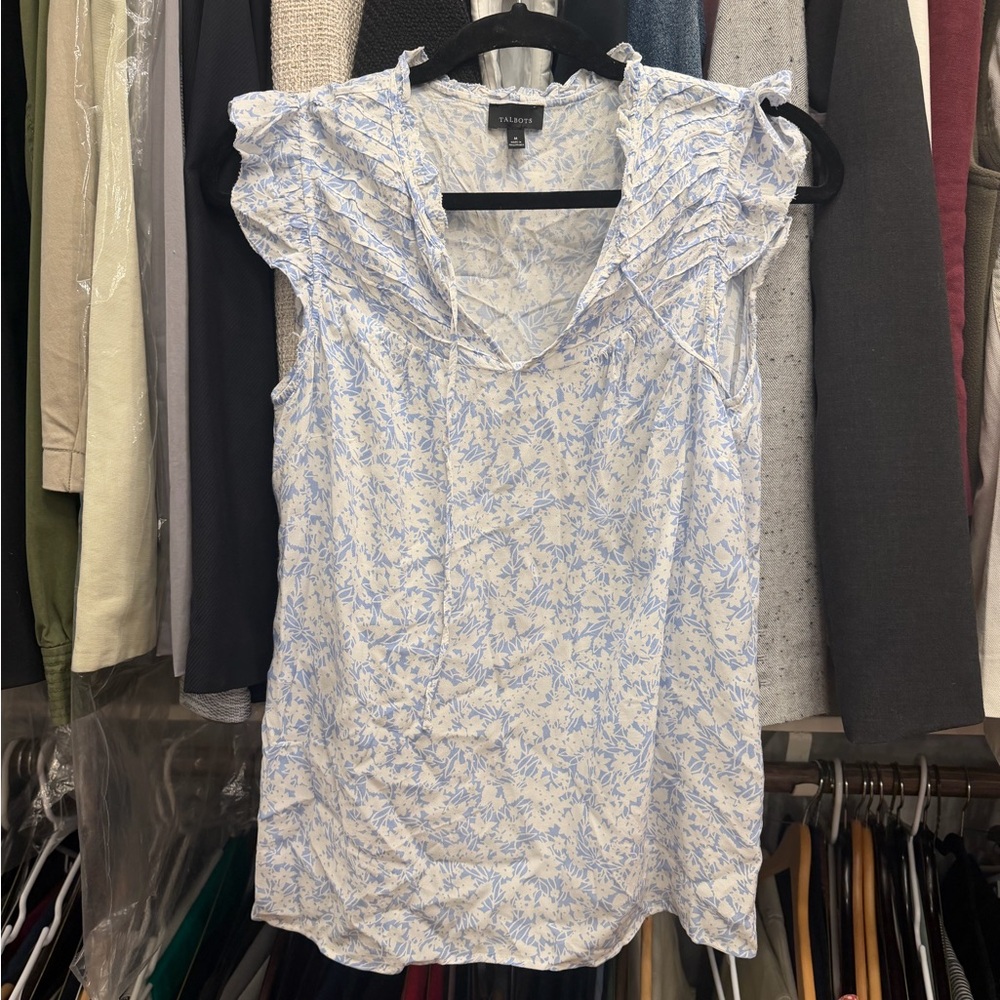Talbots White and Blue Floral Blouse